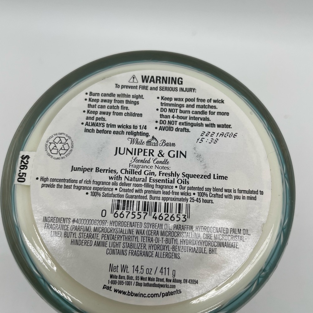 Bath & Body Works Juniper and Gin 3 Wick Candle New - Picture 2 of 2
